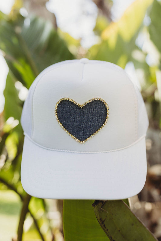 Denim Heart Trucker Hat - White