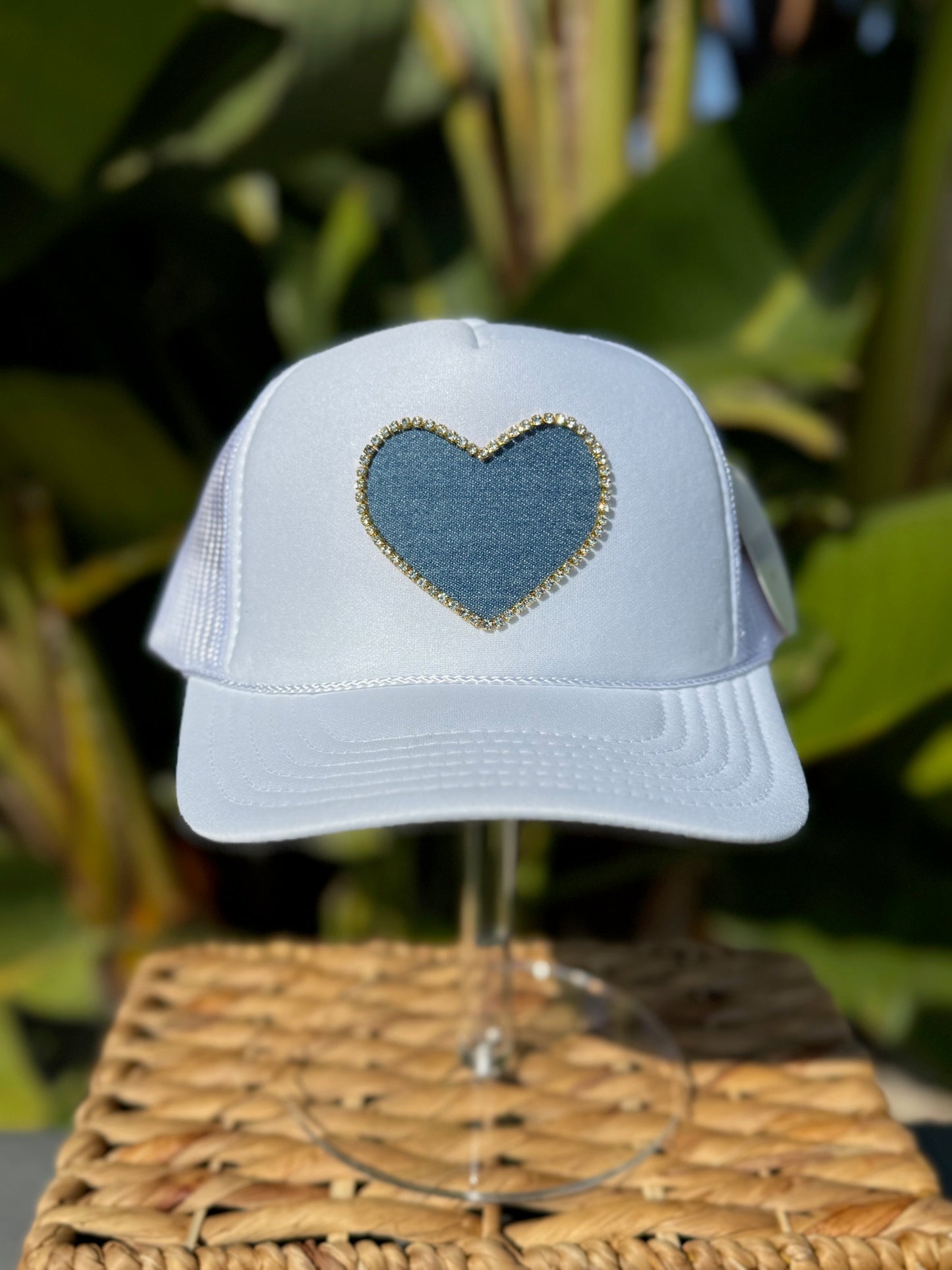 Denim Heart Trucker Hat - White